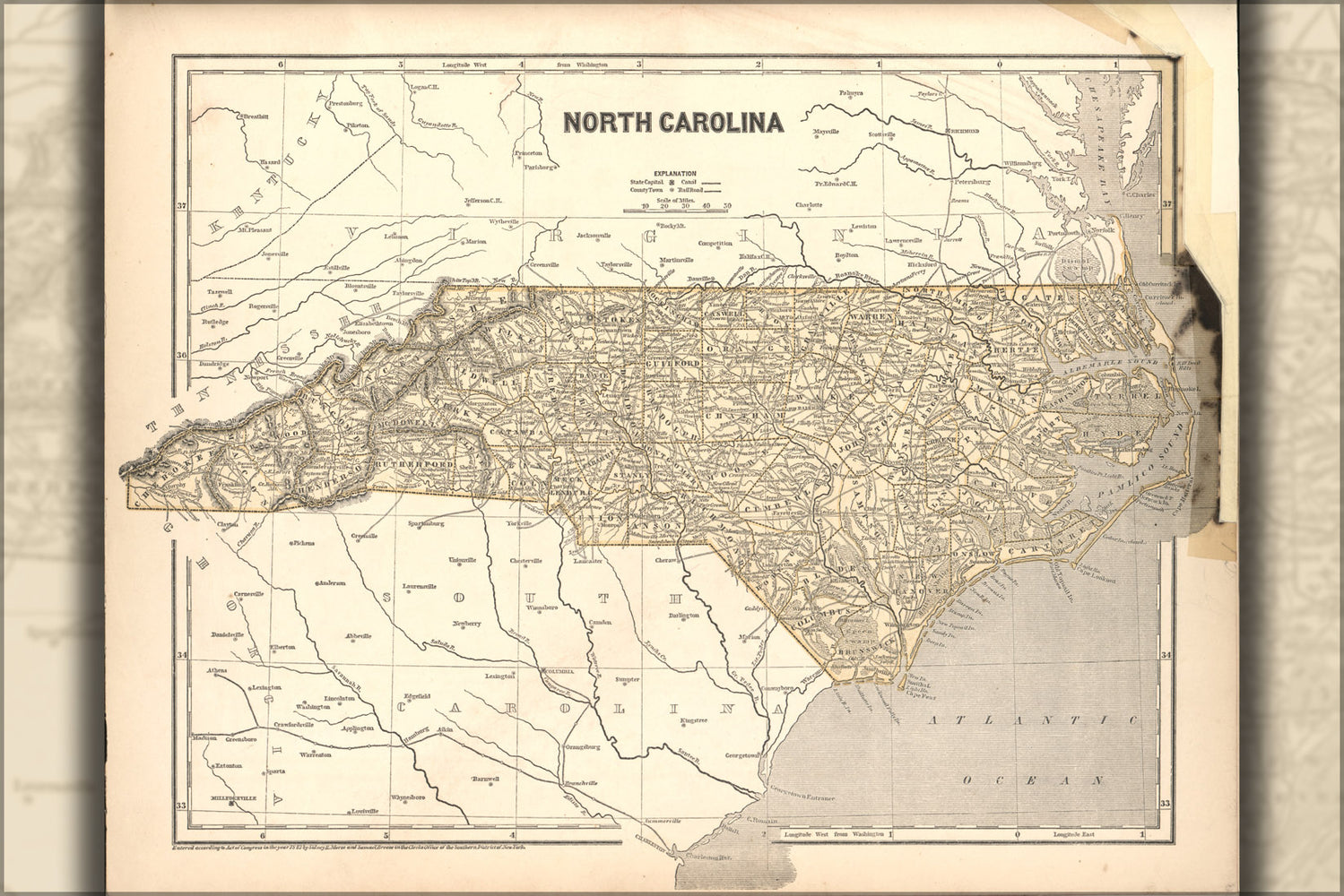24"x36" Gallery Poster, map of North Carolina 1842