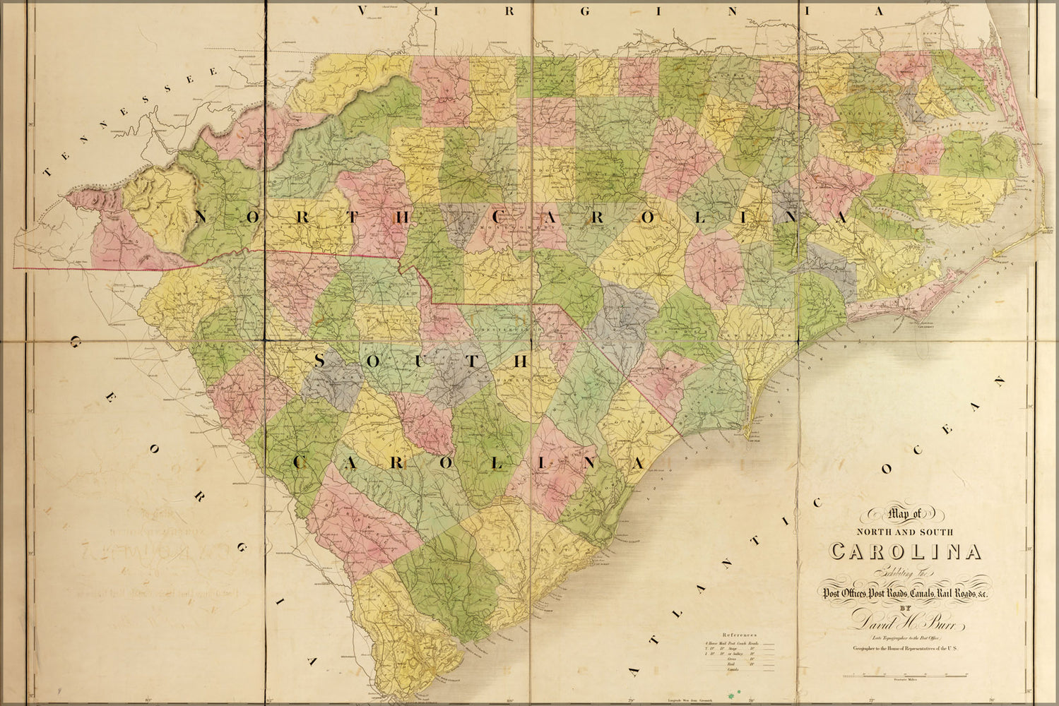 24"x36" Gallery Poster, map of North Carolina, South Carolina 1839