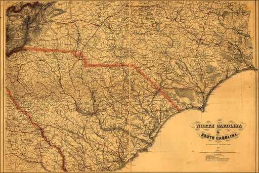 24"x36" Gallery Poster, map of North Carolina & South Carolina 1865