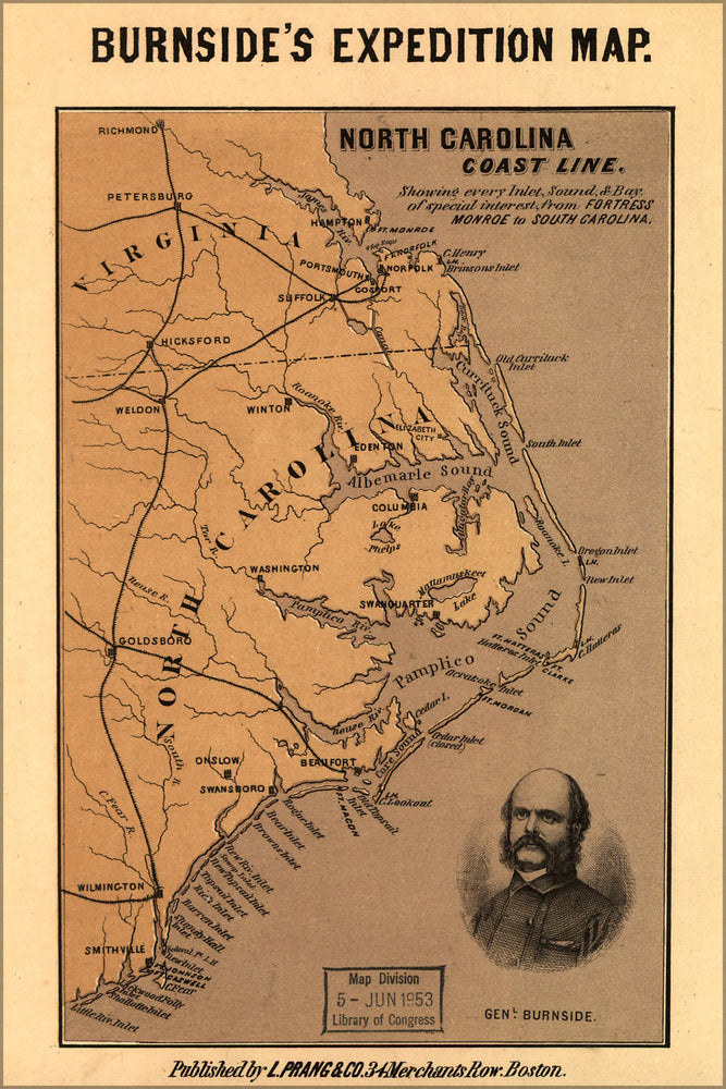 24"x36" Gallery Poster, map of North Carolina coast line 1862