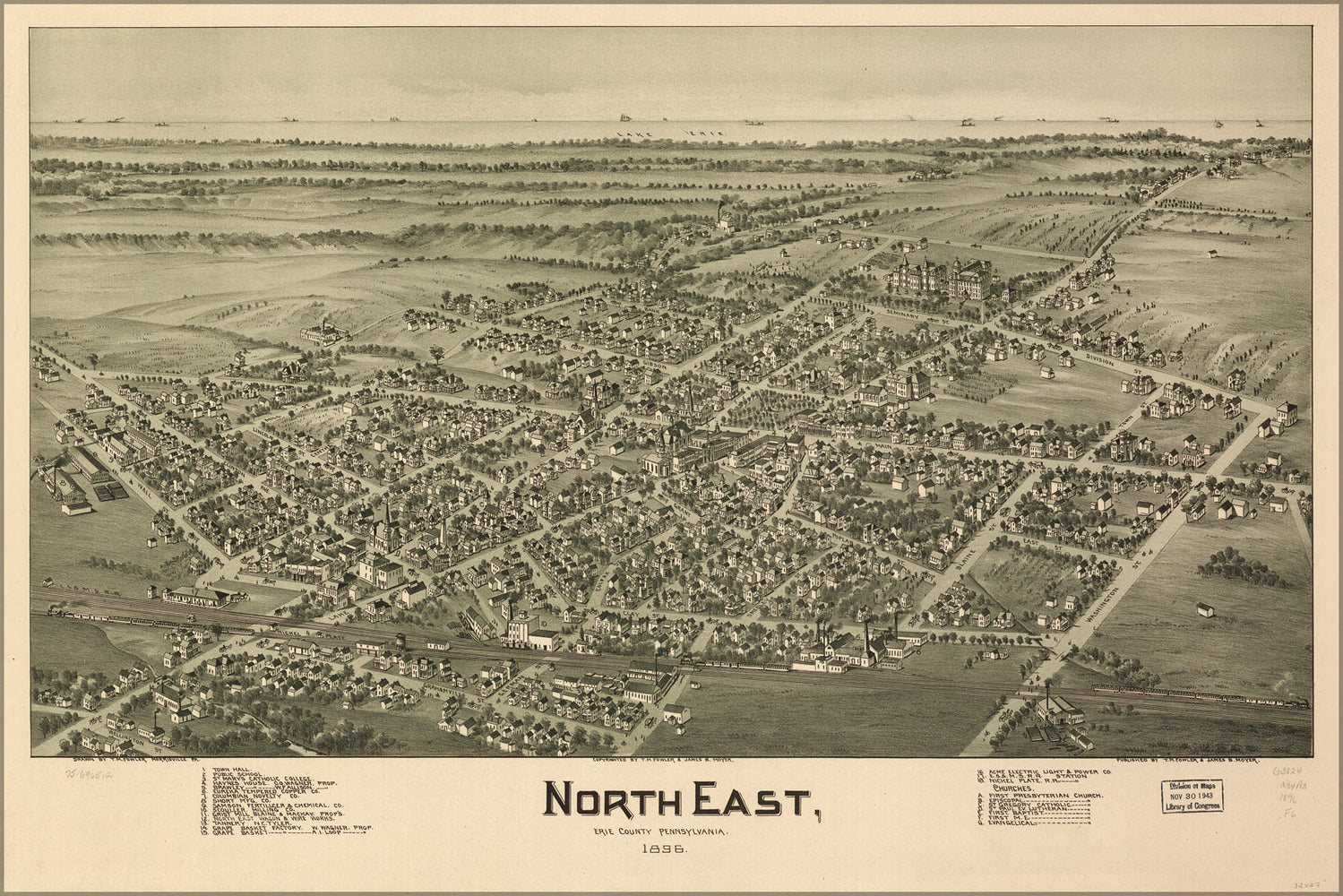 24"x36" Gallery Poster, map of North East, Erie County, Pennsylvania 1896