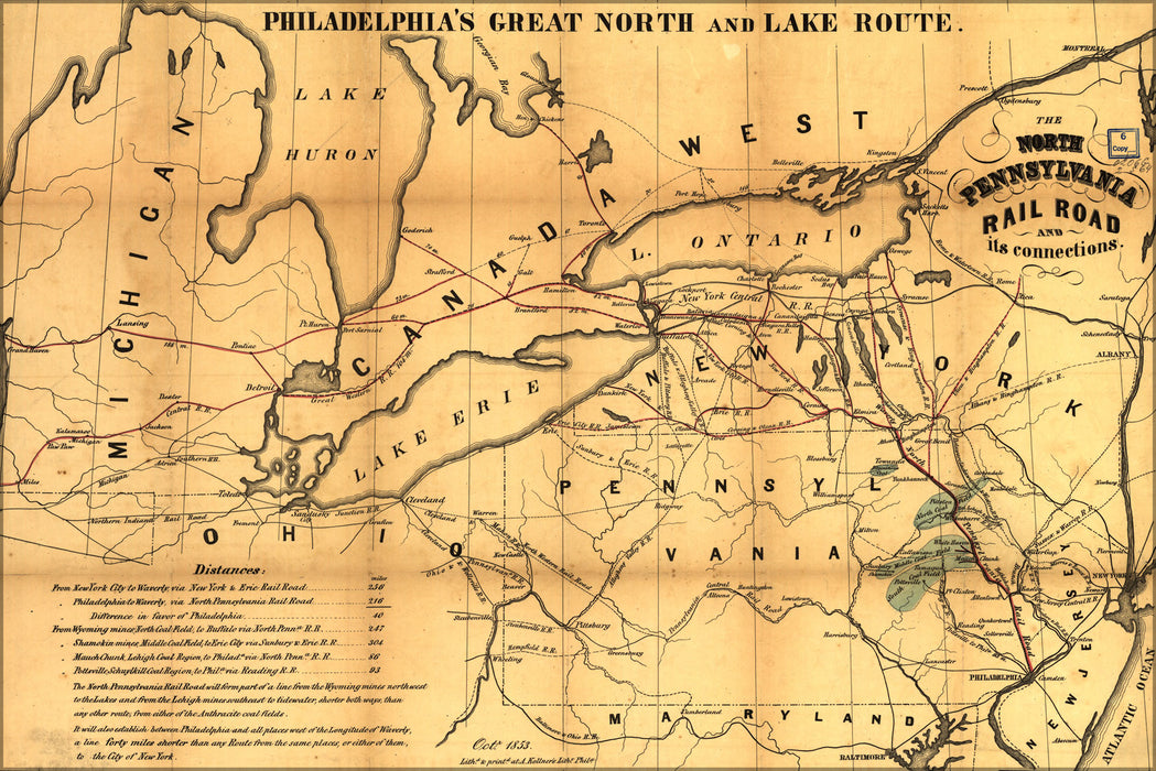 24"x36" Gallery Poster, map of North Pennsylvania RailRoad 1853