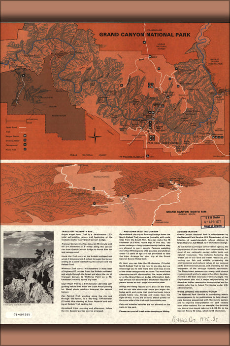 24"x36" Gallery Poster, map of North Rim, Grand Canyon, Arizona 1975