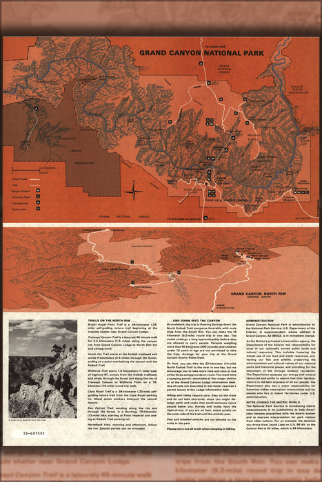 24"x36" Gallery Poster, map of North Rim Grand Canyon Arizona 1975