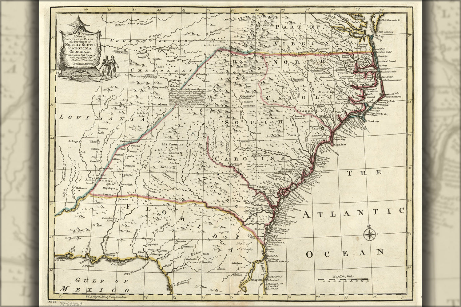 24"x36" Gallery Poster, map of North & South Carolina, Georgia 1752