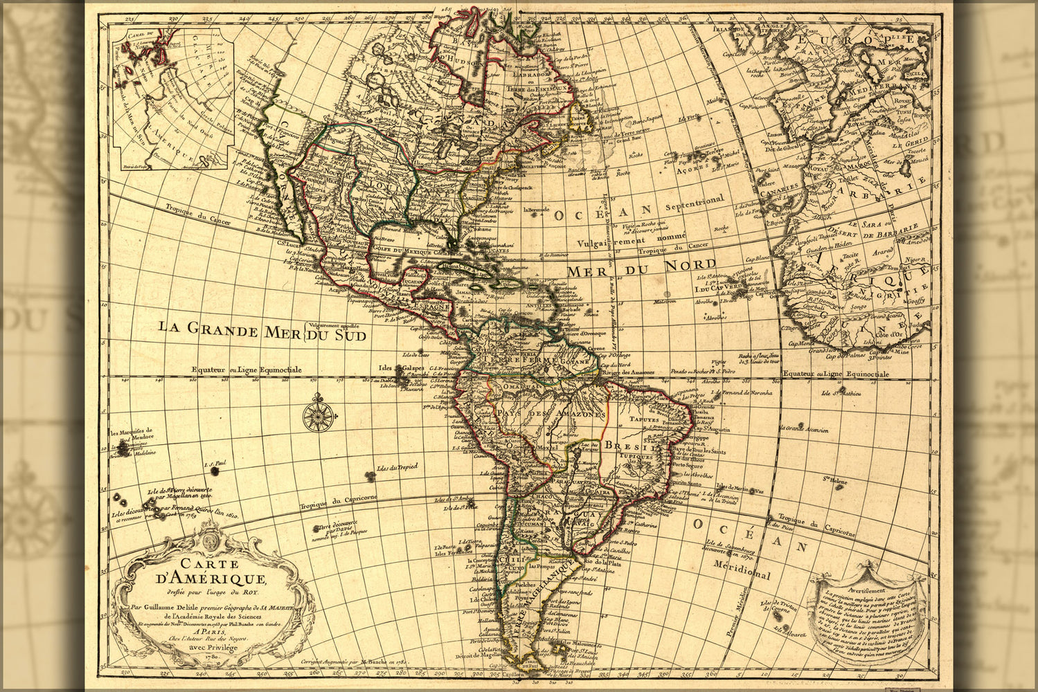 24"x36" Gallery Poster, map of North & South america; united states 1780