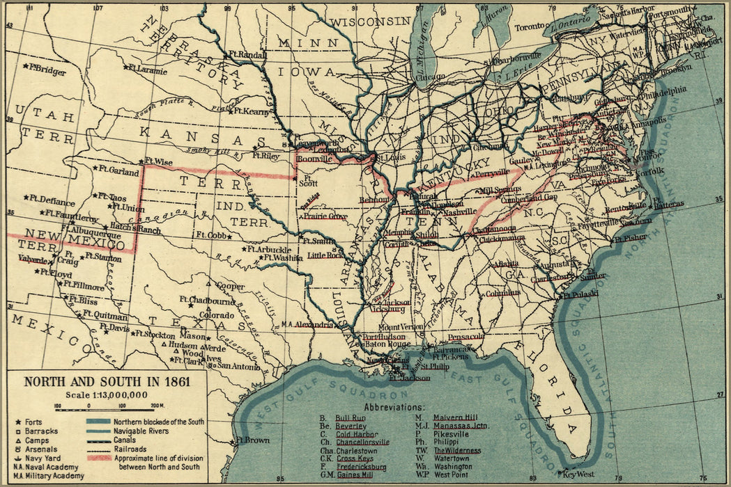 24"x36" Gallery Poster, map of North & South united states in 1861 pb1921