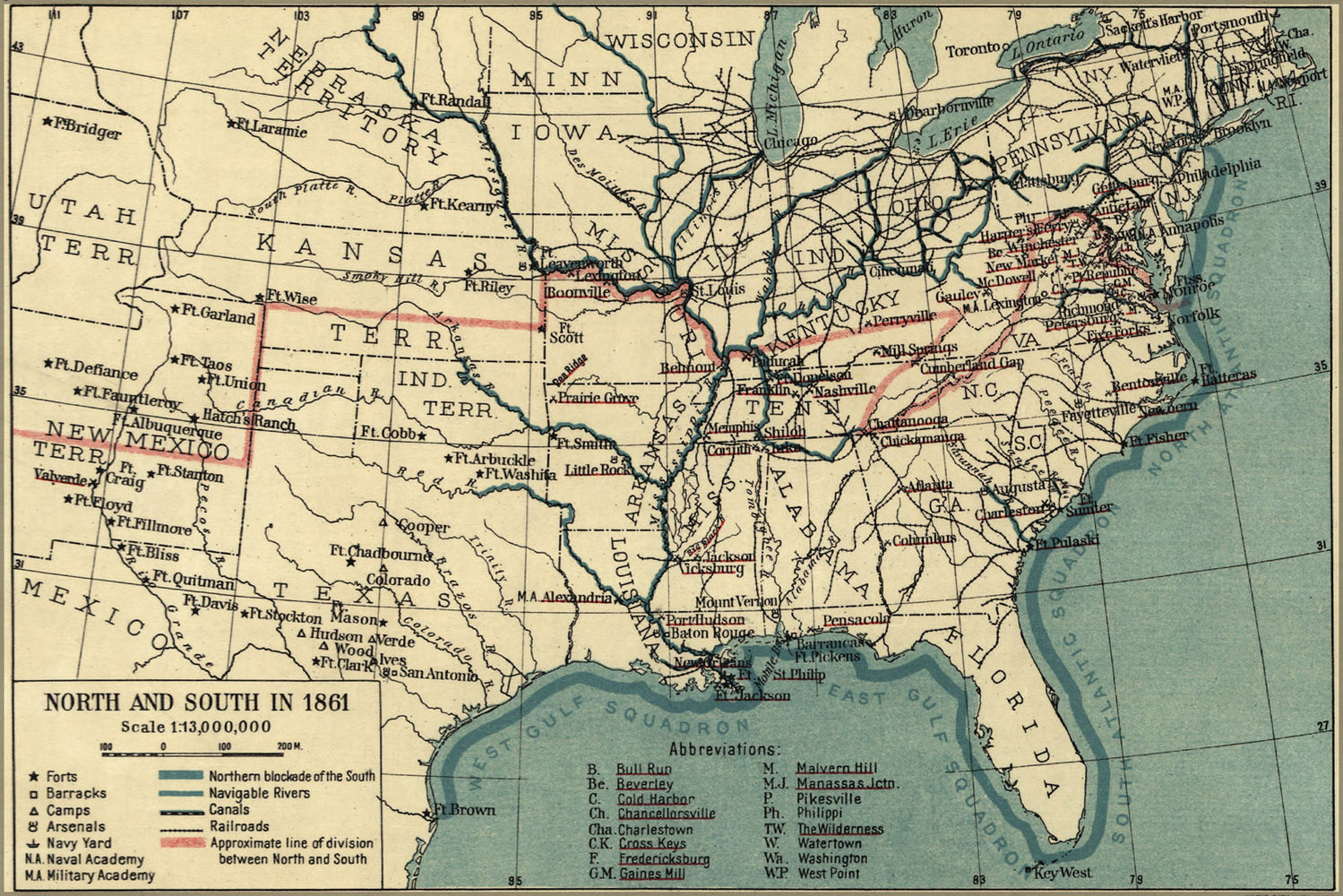 24"x36" Gallery Poster, map of North & South united states in 1861 pb1921