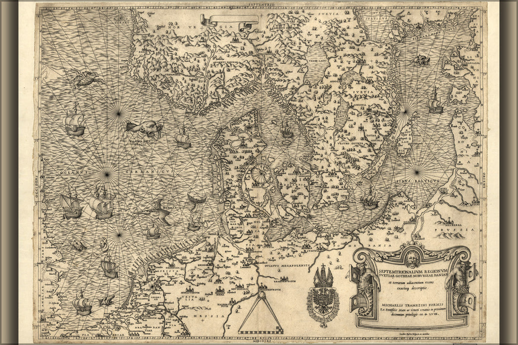 24"x36" Gallery Poster, map of Northern Europe, 1558 denmark holland
