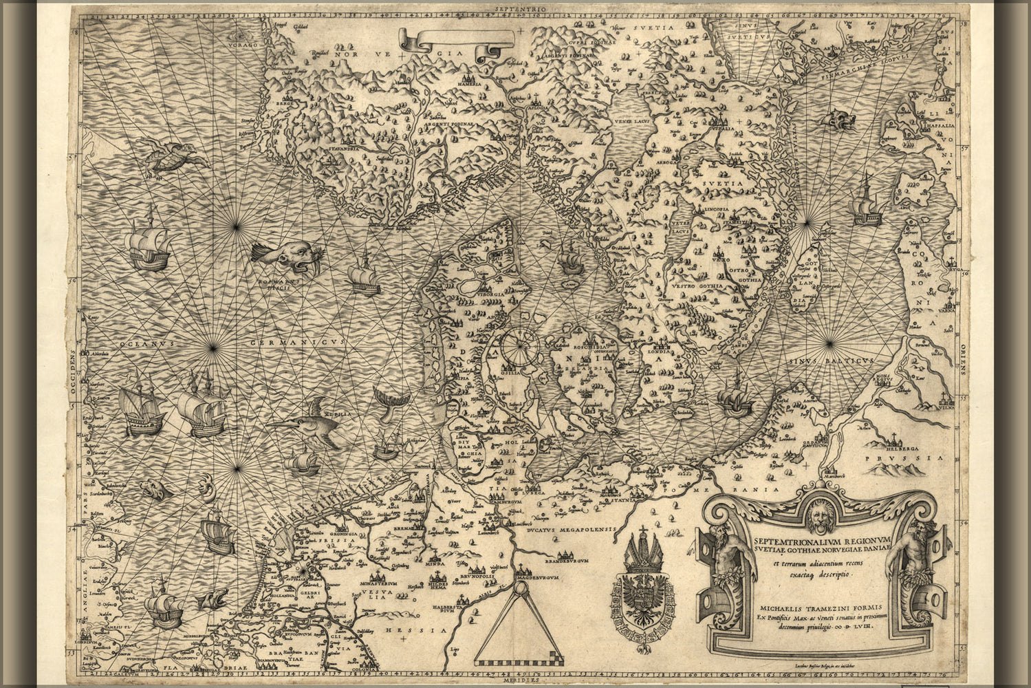 24"x36" Gallery Poster, map of Northern Europe, 1558 denmark holland
