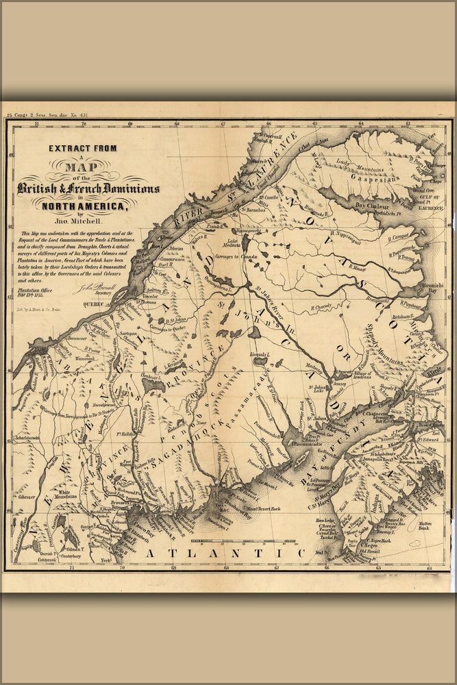 24"x36" Gallery Poster, map of Northern Maine, 1755