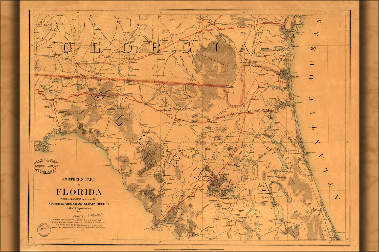 24"x36" Gallery Poster, map of Northern part of Florida 1864