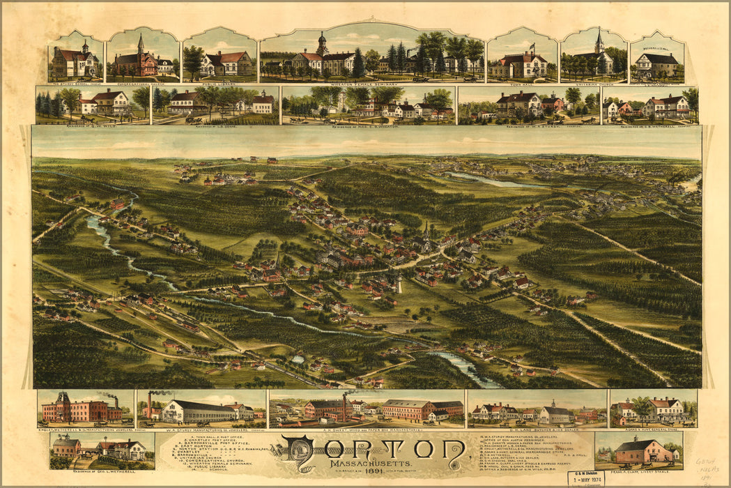 24"x36" Gallery Poster, map of Norton, Massachusetts 1891