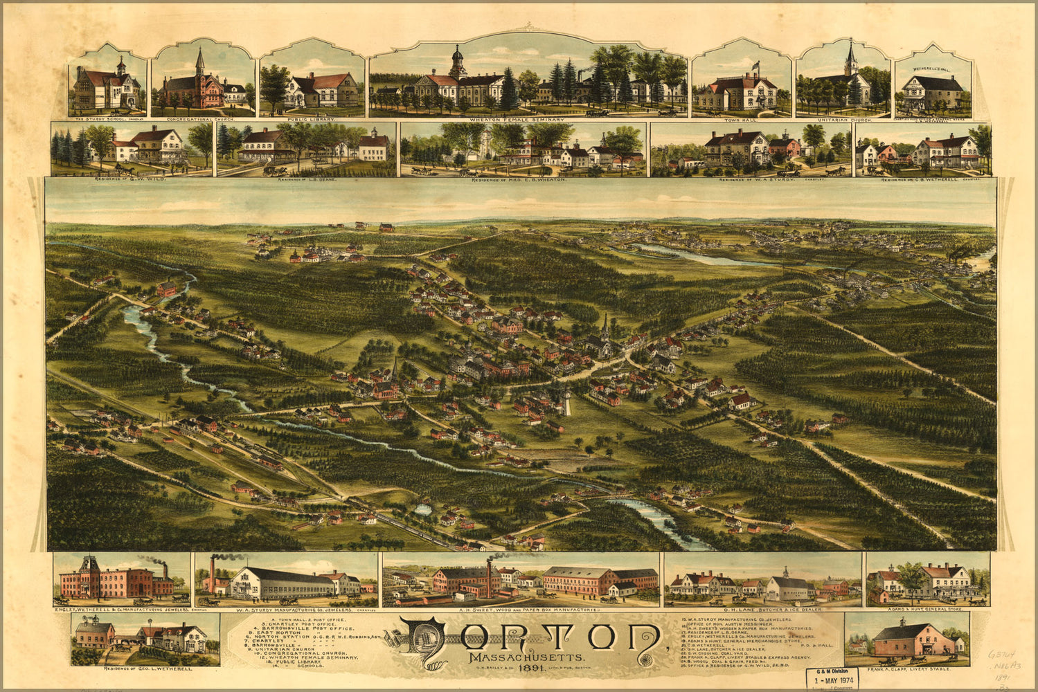 24"x36" Gallery Poster, map of Norton, Massachusetts 1891