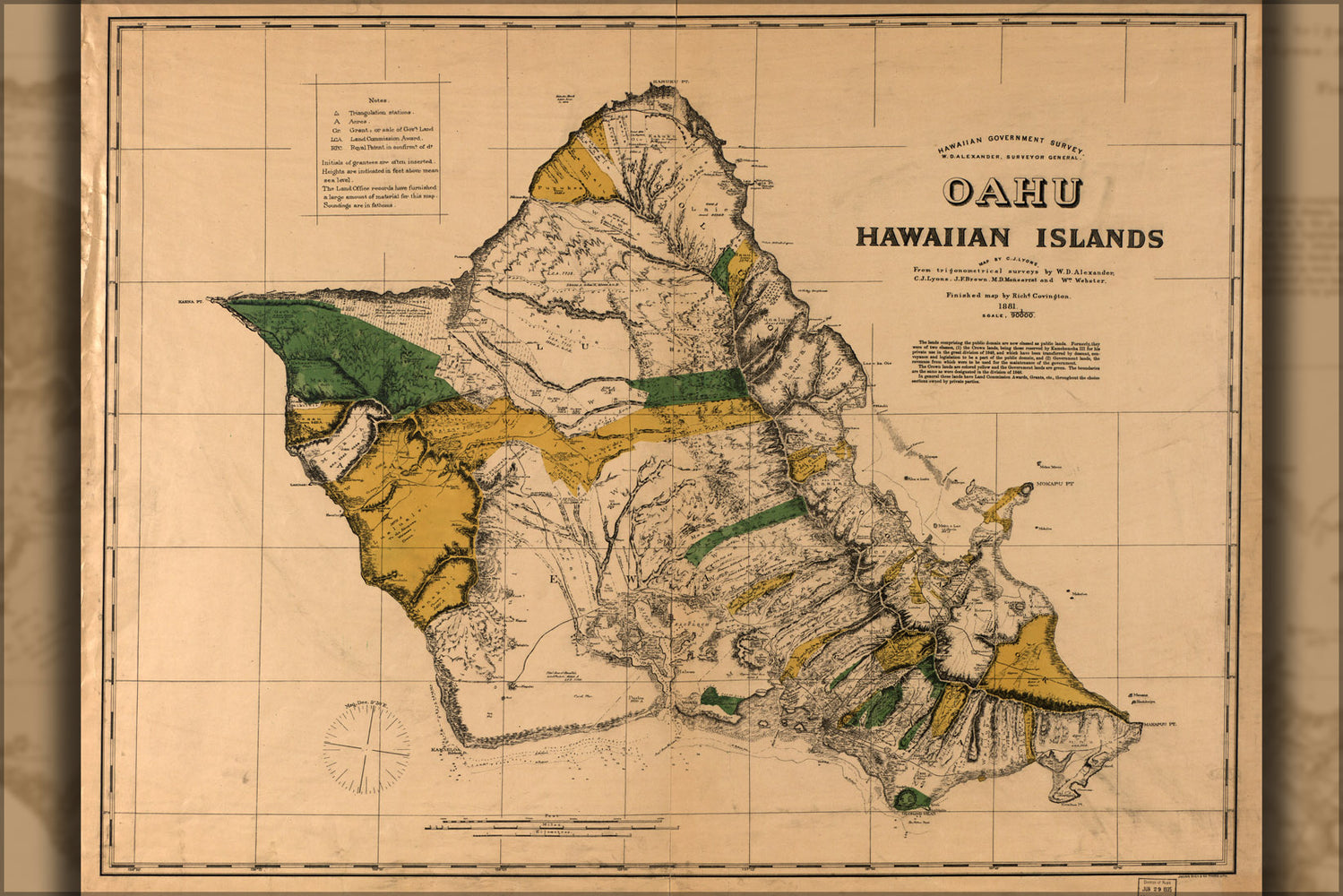 24"x36" Gallery Poster, map of Oahu, Hawaii 1881