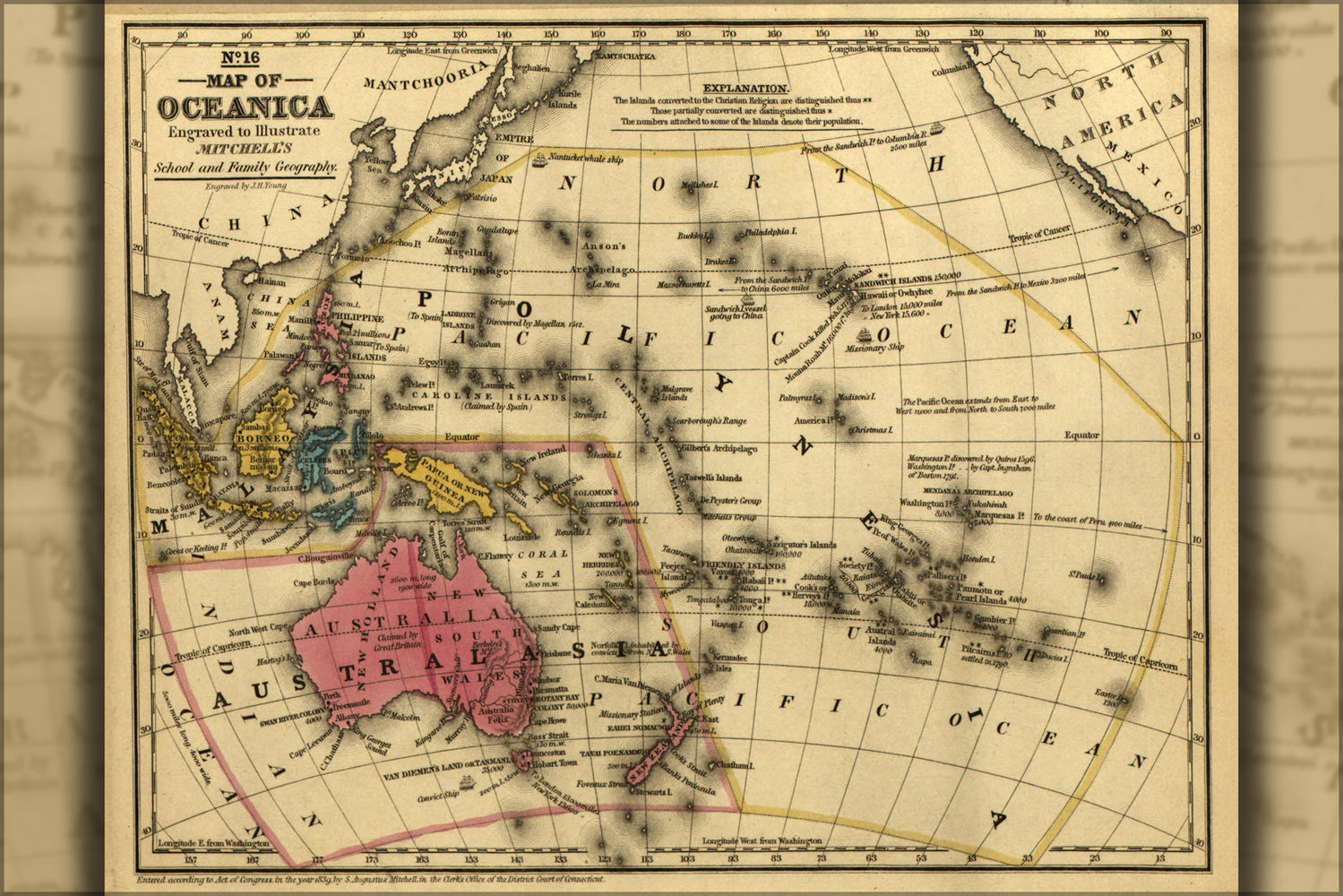 24"x36" Gallery Poster, map of Oceania australia new zealand 1839