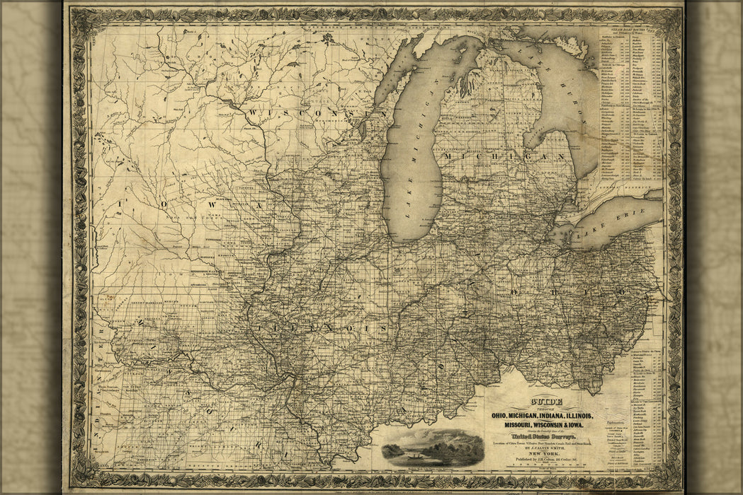 24"x36" Gallery Poster, map of Ohio Michigan Indiana Illinois iowa 1844