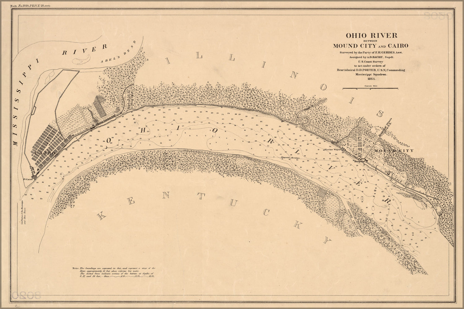 24"x36" Gallery Poster, map of Ohio River Mound City to Cairo 1864