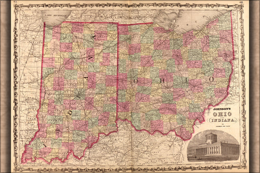 24"x36" Gallery Poster, map of Ohio and Indiana 1862