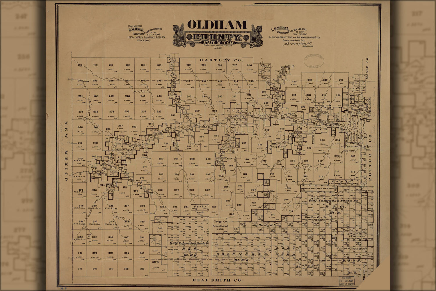 24"x36" Gallery Poster, map of Oldham County, state of Texas 1888