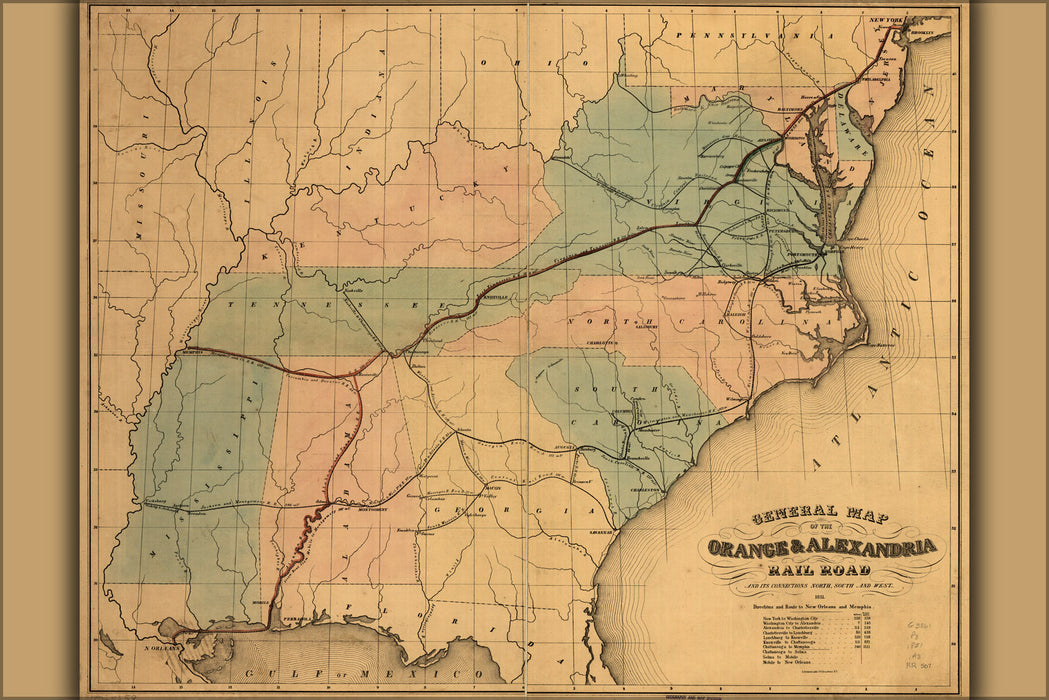24"x36" Gallery Poster, map of Orange & Alexandria Rail Road virginia tennessee alabama georgia 1851