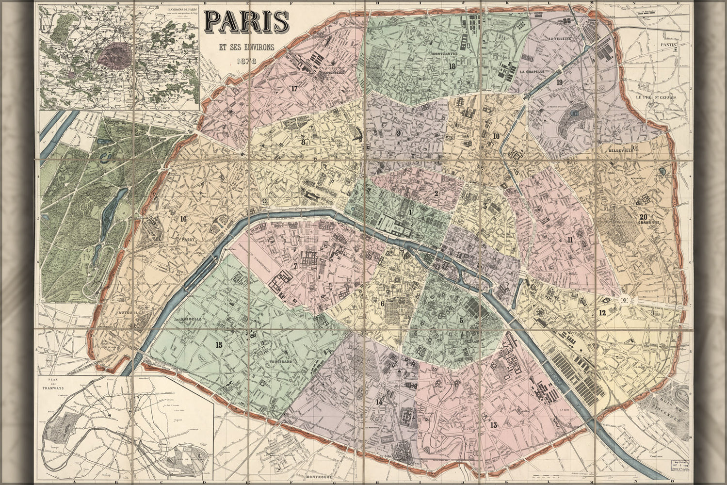 24"x36" Gallery Poster, map of Paris et ses environs 1878 in french