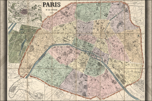 24"x36" Gallery Poster, map of Paris et ses environs 1878 in french