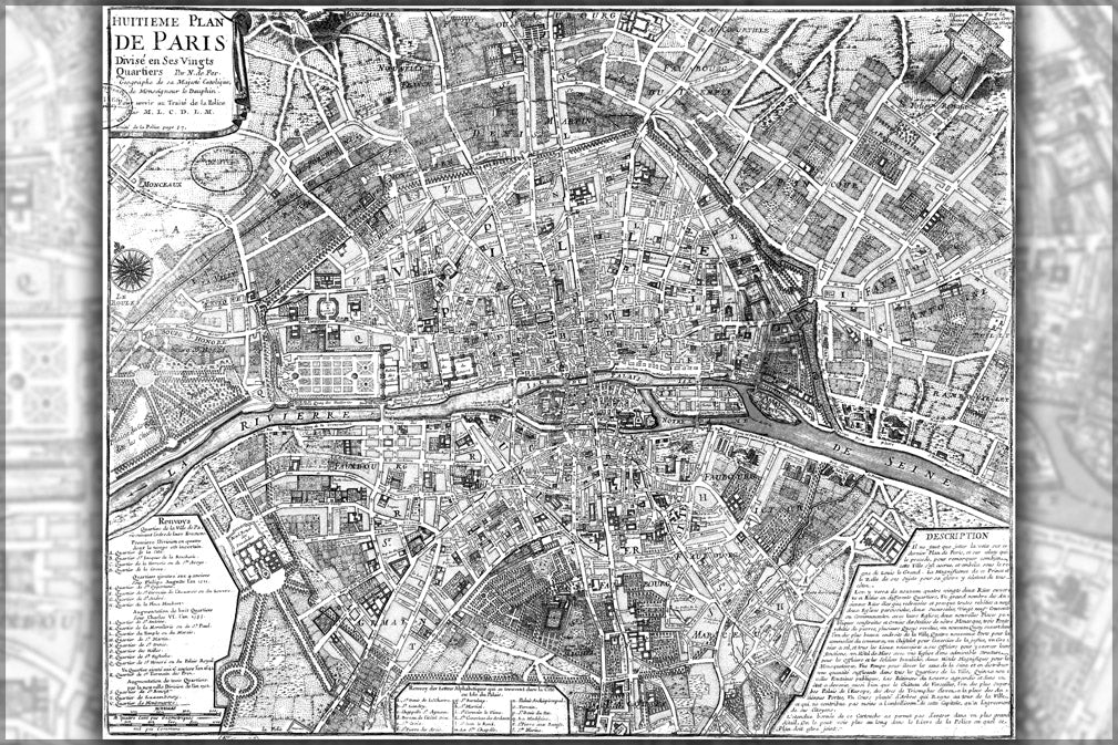 24"x36" Gallery Poster, map of Paris france circa 1705