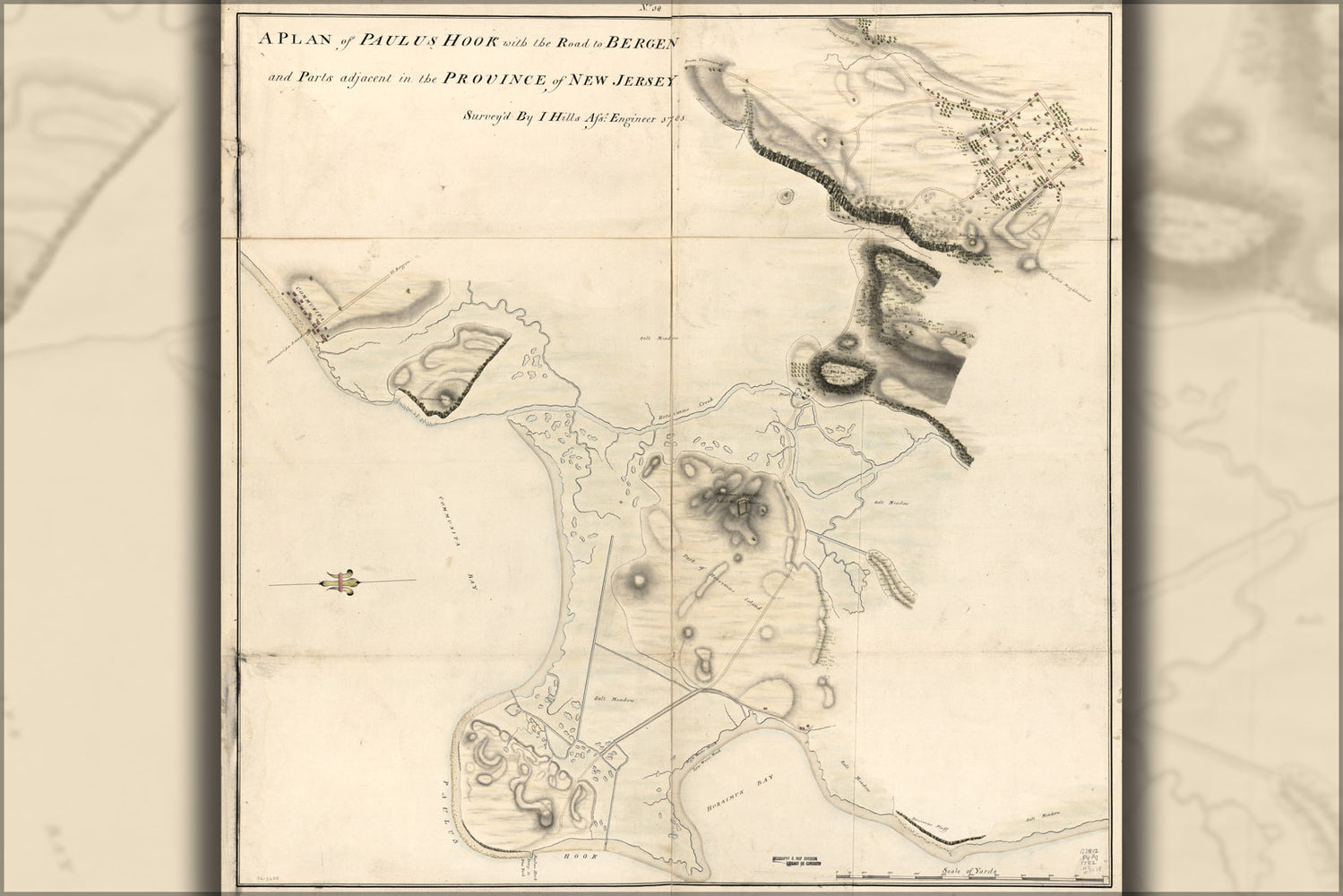 24"x36" Gallery Poster, map of Paulus Hook to Bergen new jersey 1781