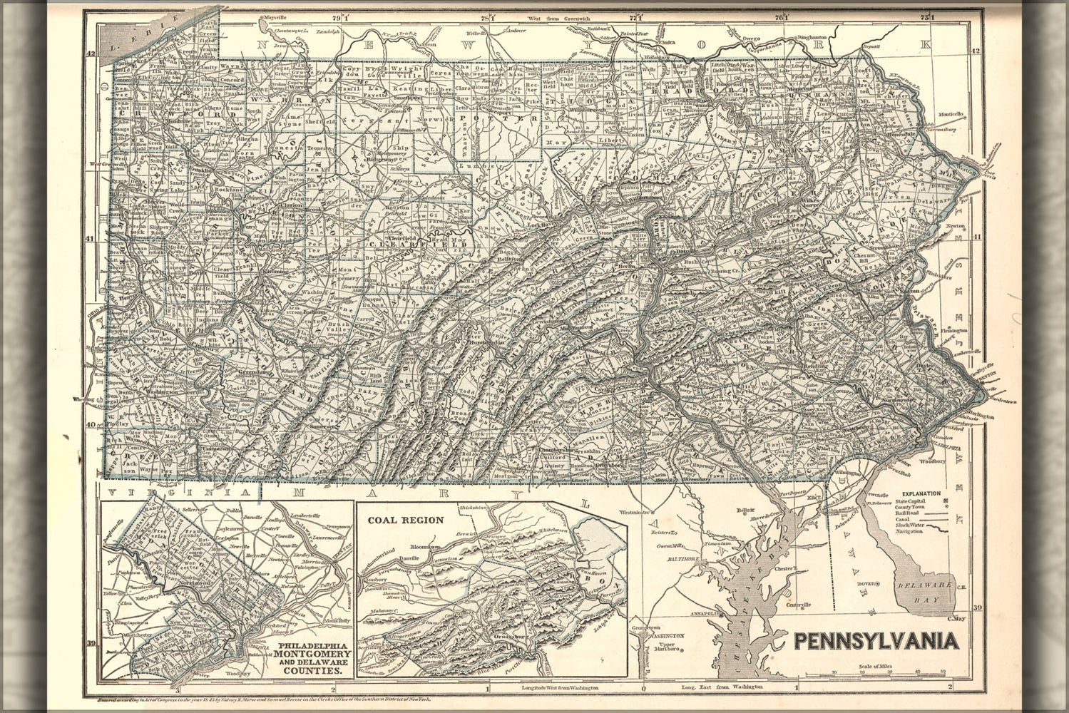 24"x36" Gallery Poster, map of Pennsylvania 1842