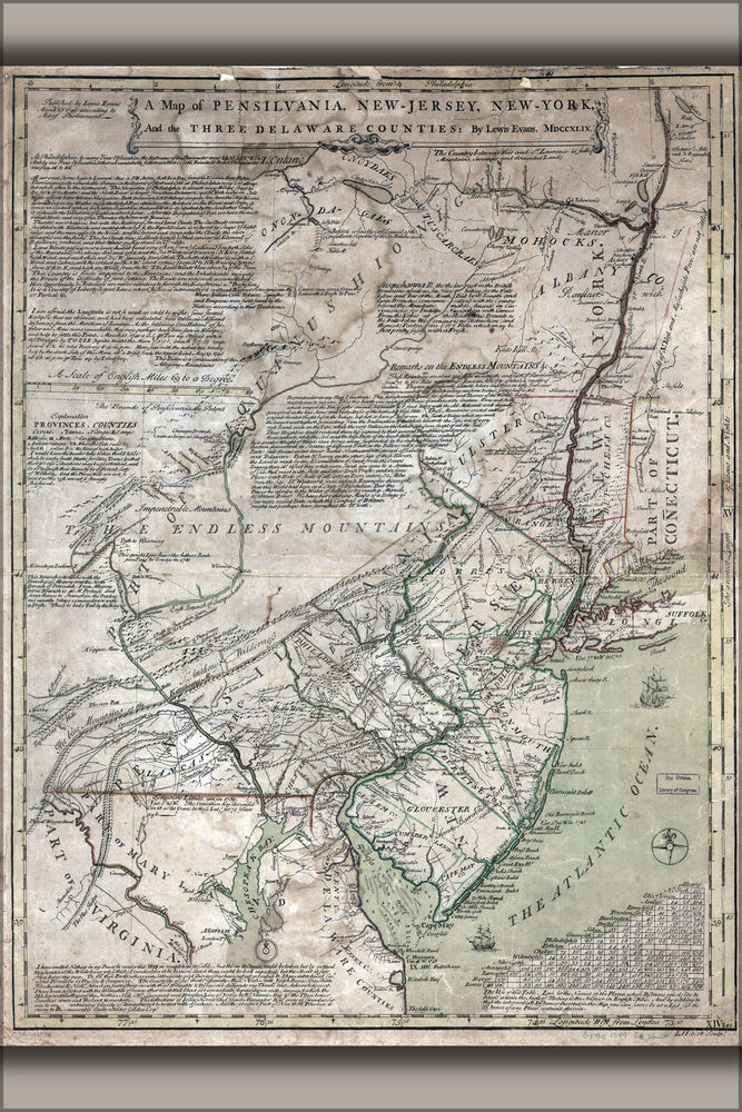 24"x36" Gallery Poster, map of Pennsylvania New Jersey York Delaware 1749