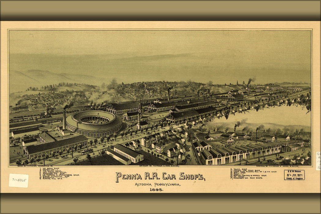 24"x36" Gallery Poster, map of Pennsylvania Railroad shops Altoona 1895