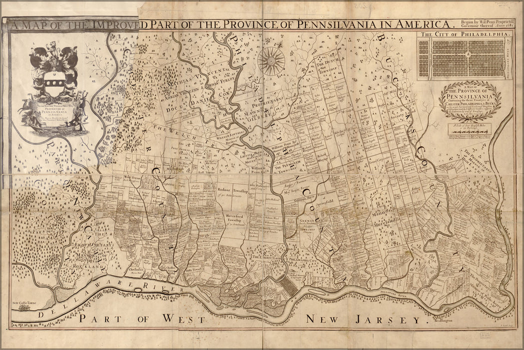 24"x36" Gallery Poster, map of Pennsylvania in America 1681