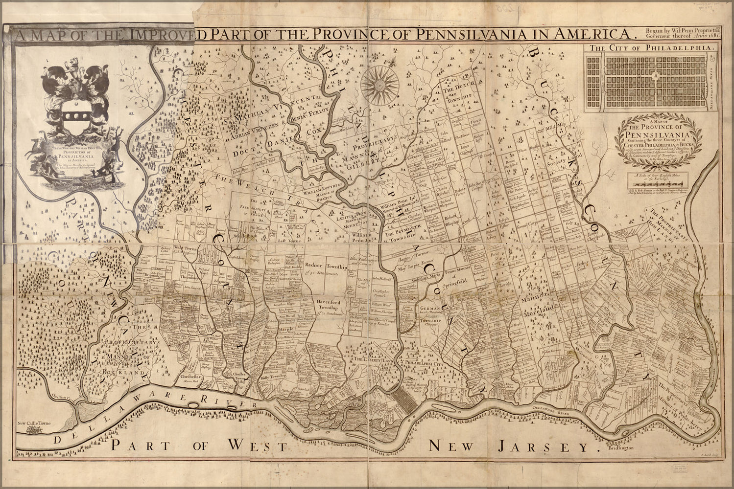 24"x36" Gallery Poster, map of Pennsylvania in America 1681