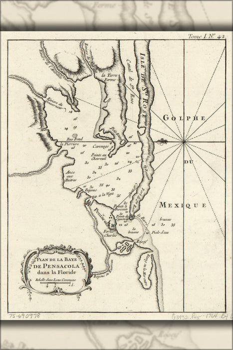 24"x36" Gallery Poster, map of Pensacola Bay florida 1764 in french