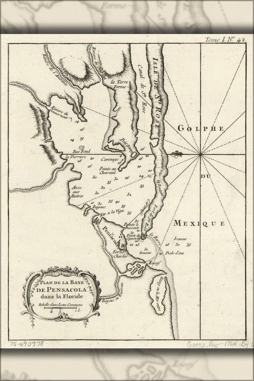 24"x36" Gallery Poster, map of Pensacola Bay florida 1764 in french