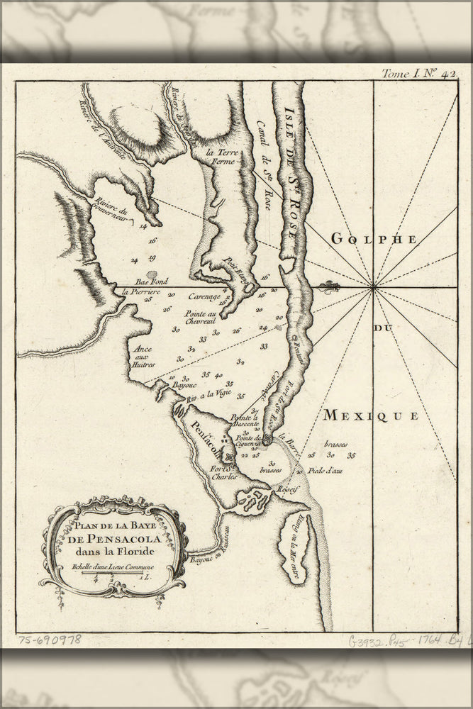24"x36" Gallery Poster, map of Pensacola Bay florida 1764 in french