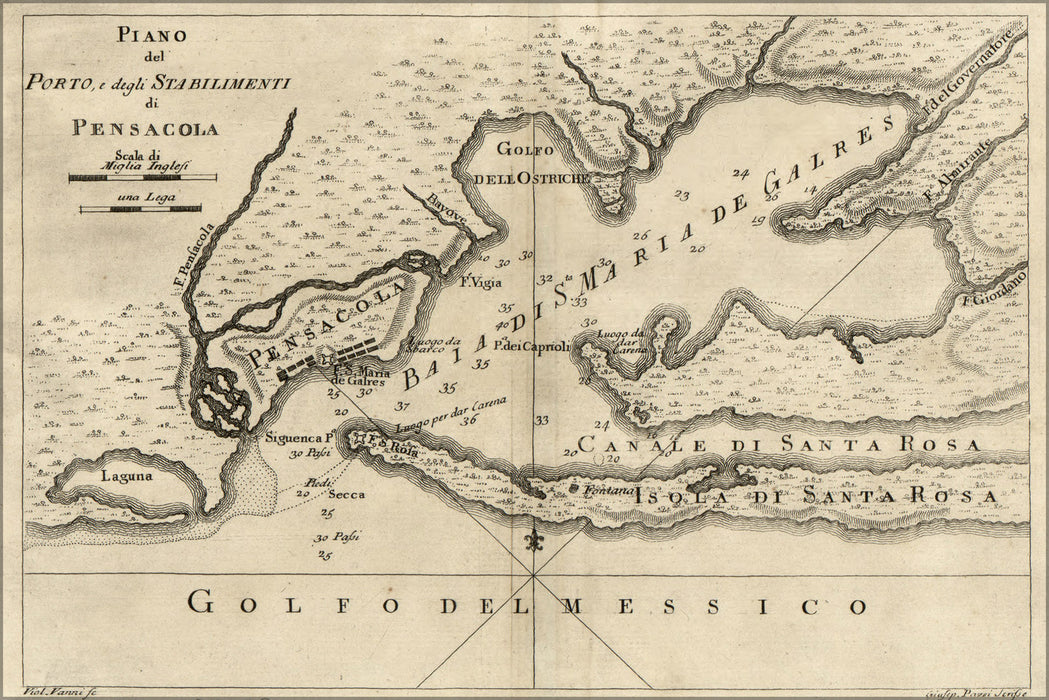 24"x36" Gallery Poster, map of Pensacola florida 1763 in italian