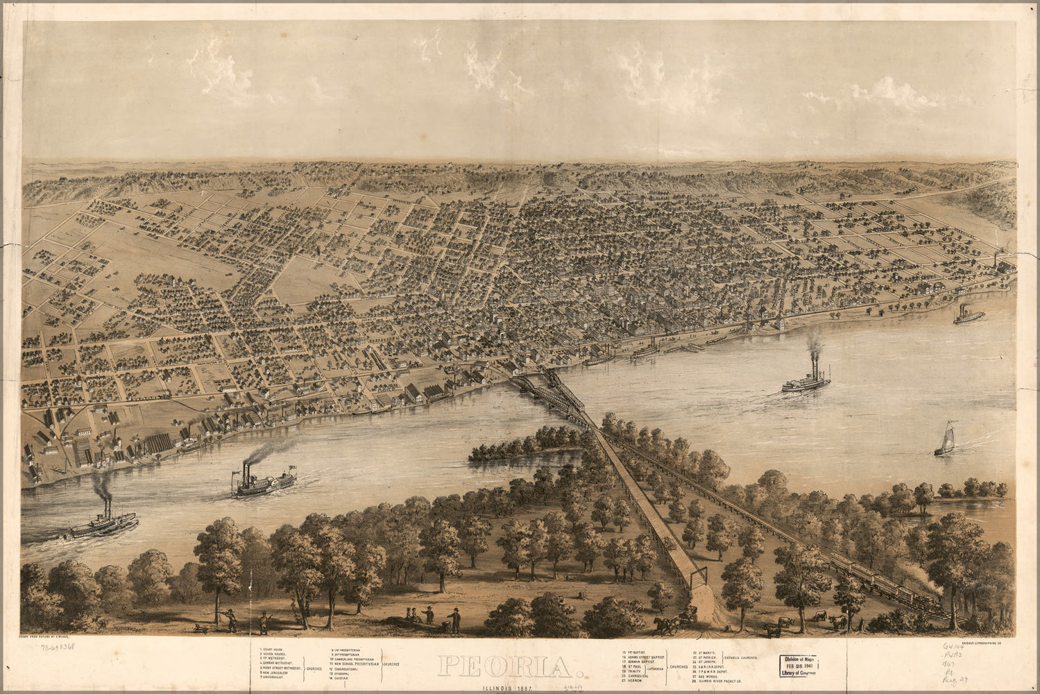 24"x36" Gallery Poster, map of Peoria, Illinois 1867