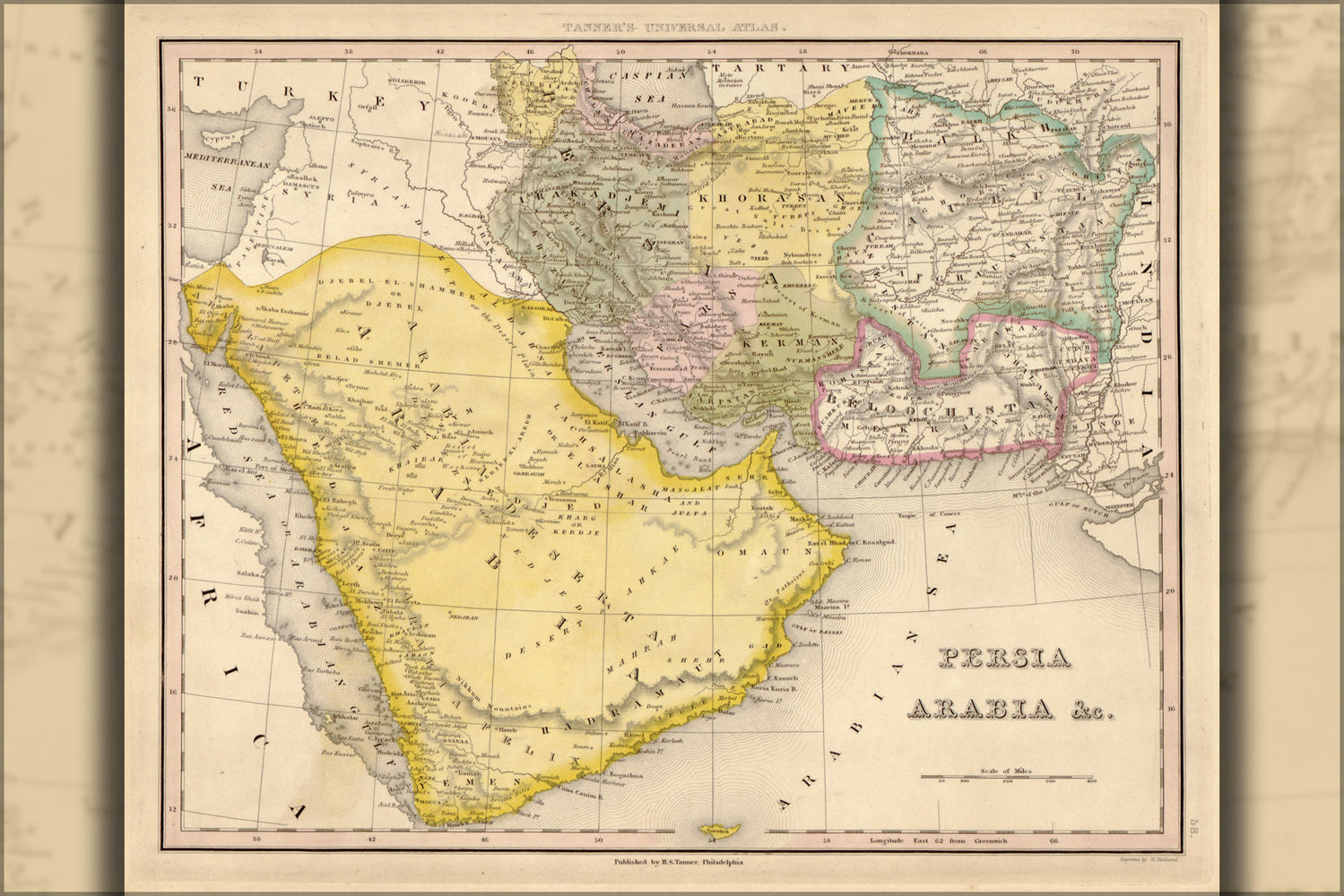 24"x36" Gallery Poster, map of Persia saudi Arabia iran iraq 1844