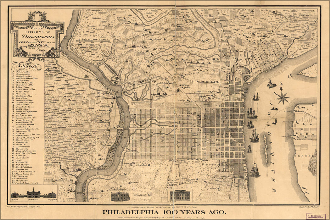 24"x36" Gallery Poster, map of Philadelphia 100 years ago Pb1875