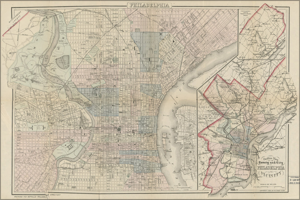 24"x36" Gallery Poster, map of Philadelphia 1883