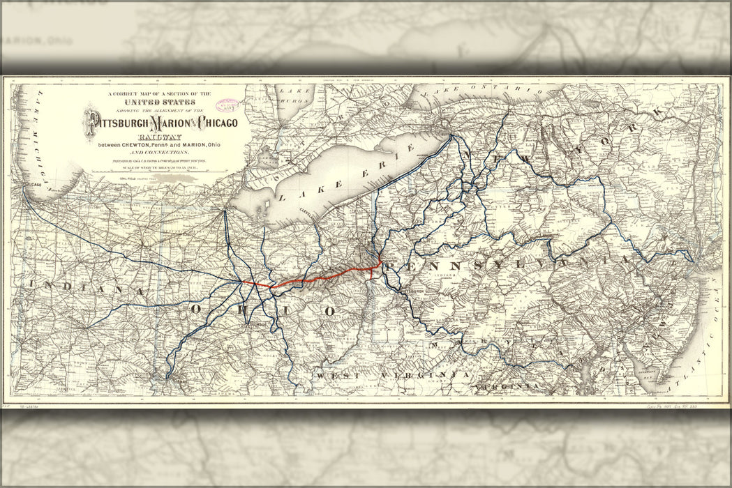 24"x36" Gallery Poster, map of Pittsburgh Marion & Chicago Railroad 1887