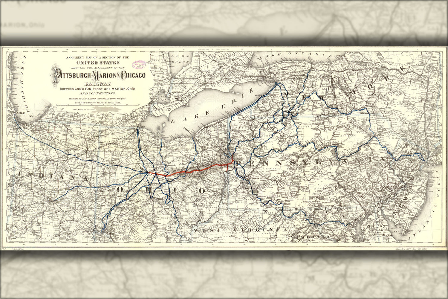 24"x36" Gallery Poster, map of Pittsburgh Marion & Chicago Railroad 1887