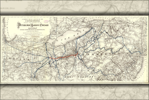 24"x36" Gallery Poster, map of Pittsburgh Marion & Chicago Railroad 1887