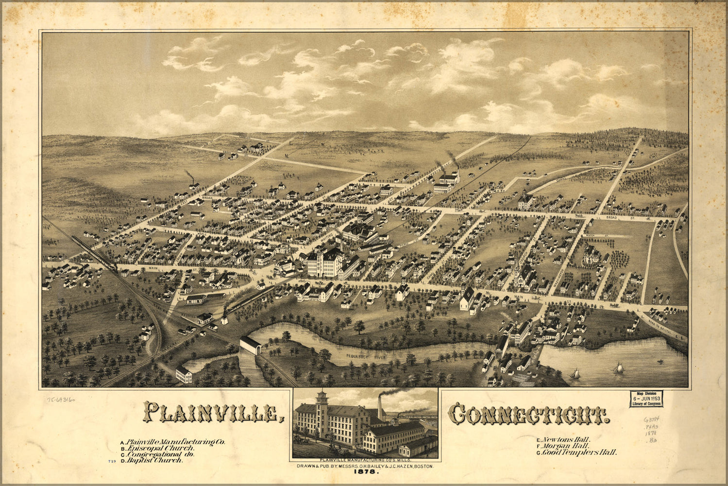 24"x36" Gallery Poster, map of Plainville, Connecticut 1878