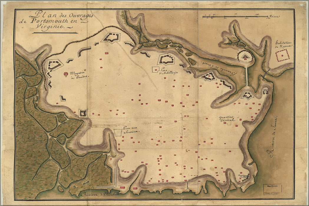 24"x36" Gallery Poster, map of Portsmouth, Virginia 1781 in french