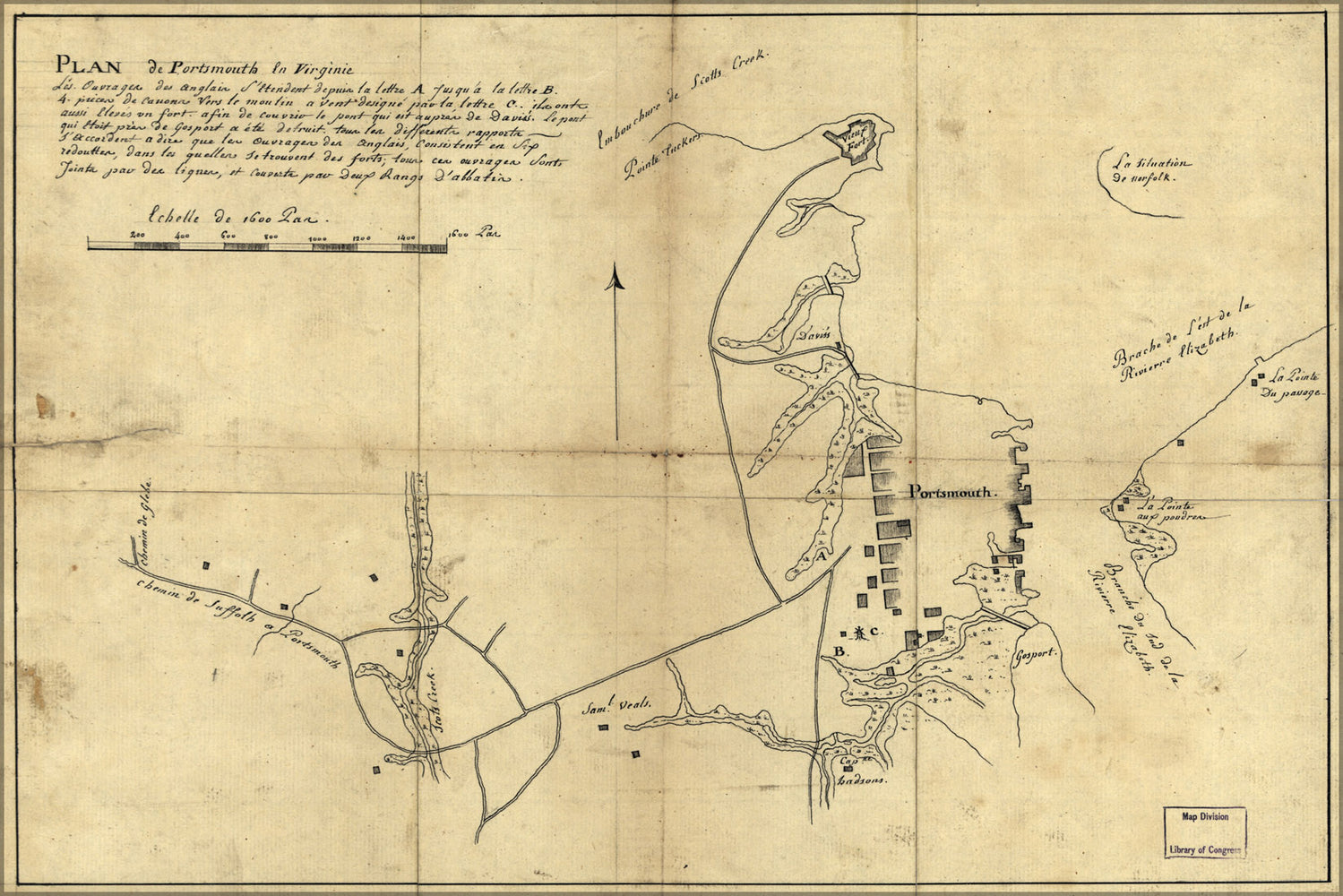24"x36" Gallery Poster, map of Portsmouth virginia 1781 in french