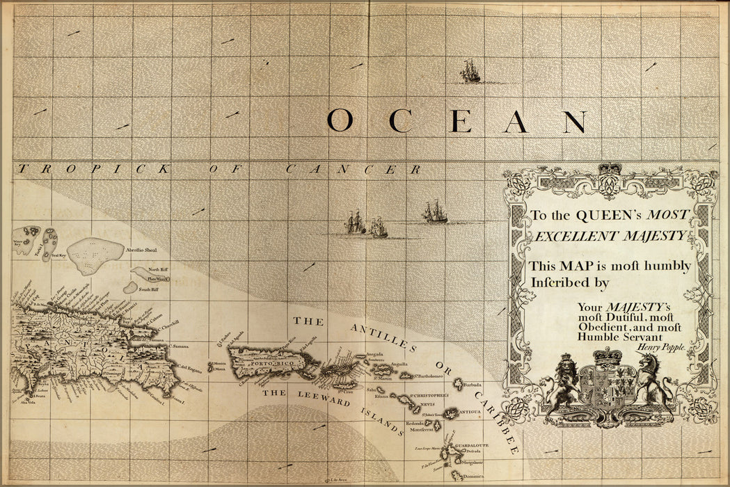 24"x36" Gallery Poster, map of Puerto Rico, Dt. Kitts, Antigua Nevis 1733