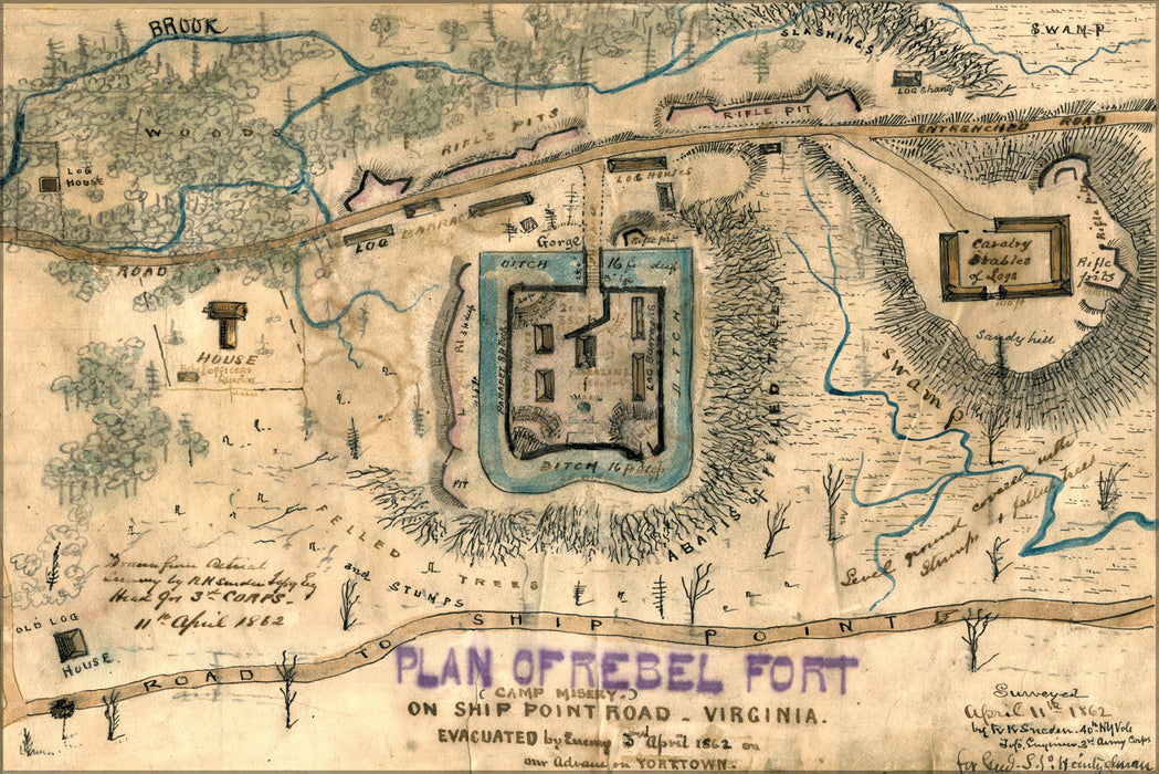24"x36" Gallery Poster, map of Rebel fort Camp Misery Virginia 1862 siege